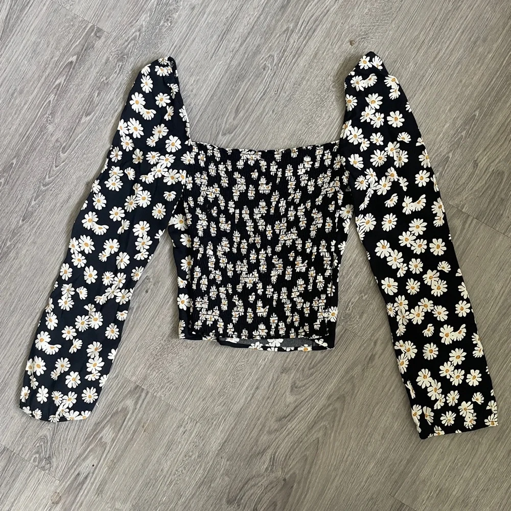 Reformation Reign Daisy Top Black Floral Puff Sleeve Crop Top Size 0